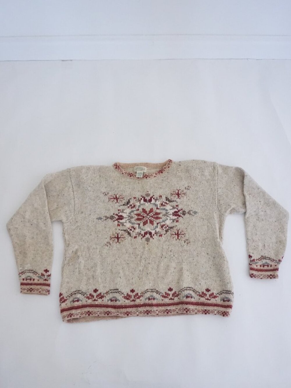 St Johns Bay Cream Red Fair Isle Snowflake Nordic Knit 15% Wool Sweater XL
